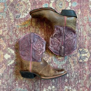 Dan Post Girls size 2 Brown and Pink Square Toe Leather Western Boots